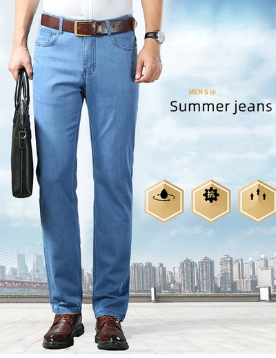 Spring/summer Thin Denim Straight Cotton Stretch Jeans Men Business Casual Cloth High Waist Ice Silk Lightweight Trousers