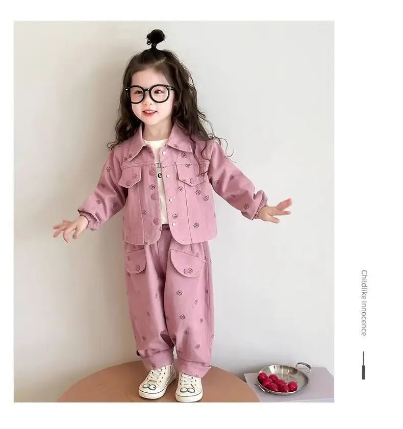 Girls Coat and Pants Two Piece Set 2025 Spring and Autumn New Korean Fashion Floral Casual Coat and Pants Two Piece Set Trend