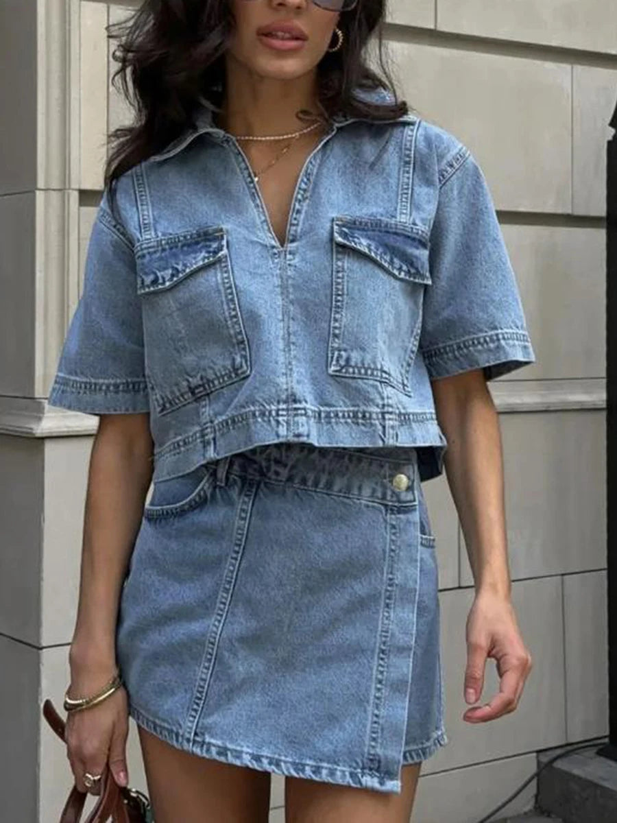 Women’s 2 Piece Denim Outfits Short Sleeve Lapel Jean Tops and Asymmetrical Shorts Set Streetwear