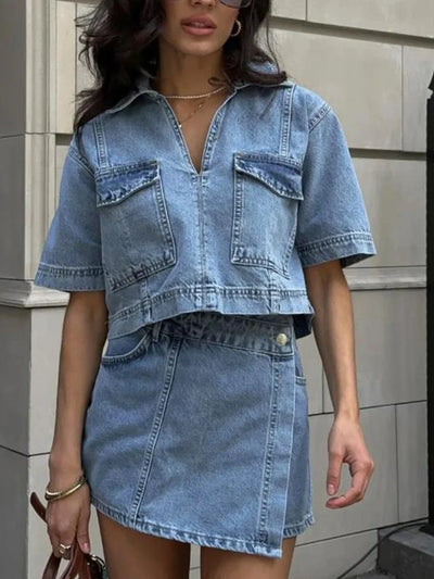 Women’s 2 Piece Denim Outfits Short Sleeve Lapel Jean Tops and Asymmetrical Shorts Set Streetwear