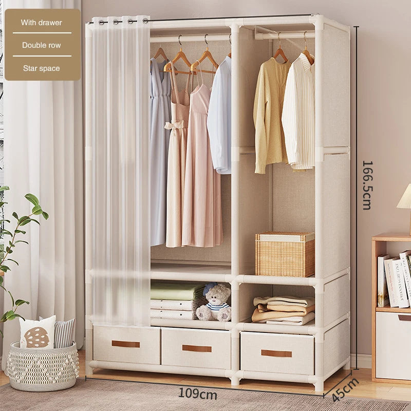 2024 New Wardrobe Household Bedroom Assembly Dustproof Wardrobe Rental Room With Drawer Storage Folding Simple Clothes Organizer