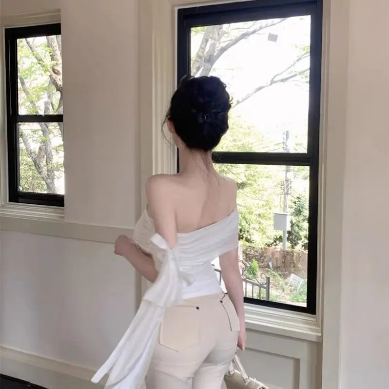 2025 New Sexy Off Shoulder Tops Women Ruffle Sleeve Asymmetric Slim Fit Short Sleeve T-Shirt Y2K Summer Fashion Elegant Clothes