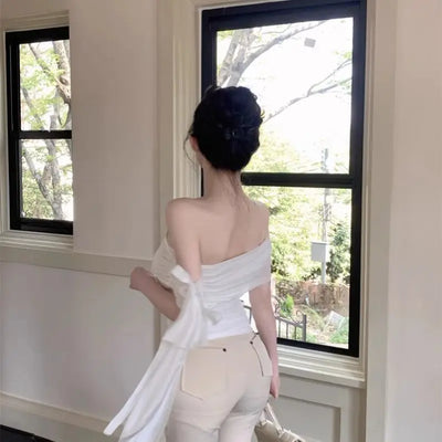 2025 New Sexy Off Shoulder Tops Women Ruffle Sleeve Asymmetric Slim Fit Short Sleeve T-Shirt Y2K Summer Fashion Elegant Clothes