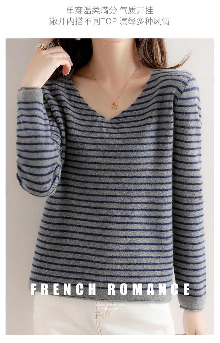New Striped V-neck Sweater Women's All-Match Loose Sweater Fall Winter Fashion Bottoming Shirt Inner Wear Blouse