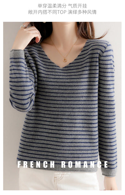 New Striped V-neck Sweater Women's All-Match Loose Sweater Fall Winter Fashion Bottoming Shirt Inner Wear Blouse