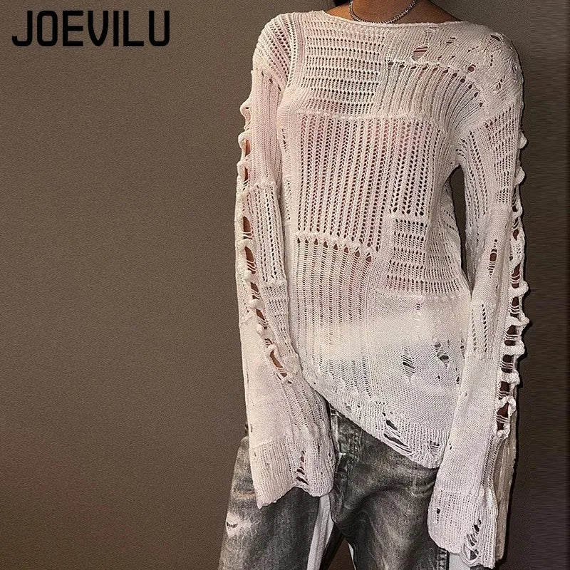Women's Vintage Gothic Hollow Knit Sweater with Ripped Holes Grunge Y2K Style Thin Long Sleeve Loose Fit Summer Top in Black