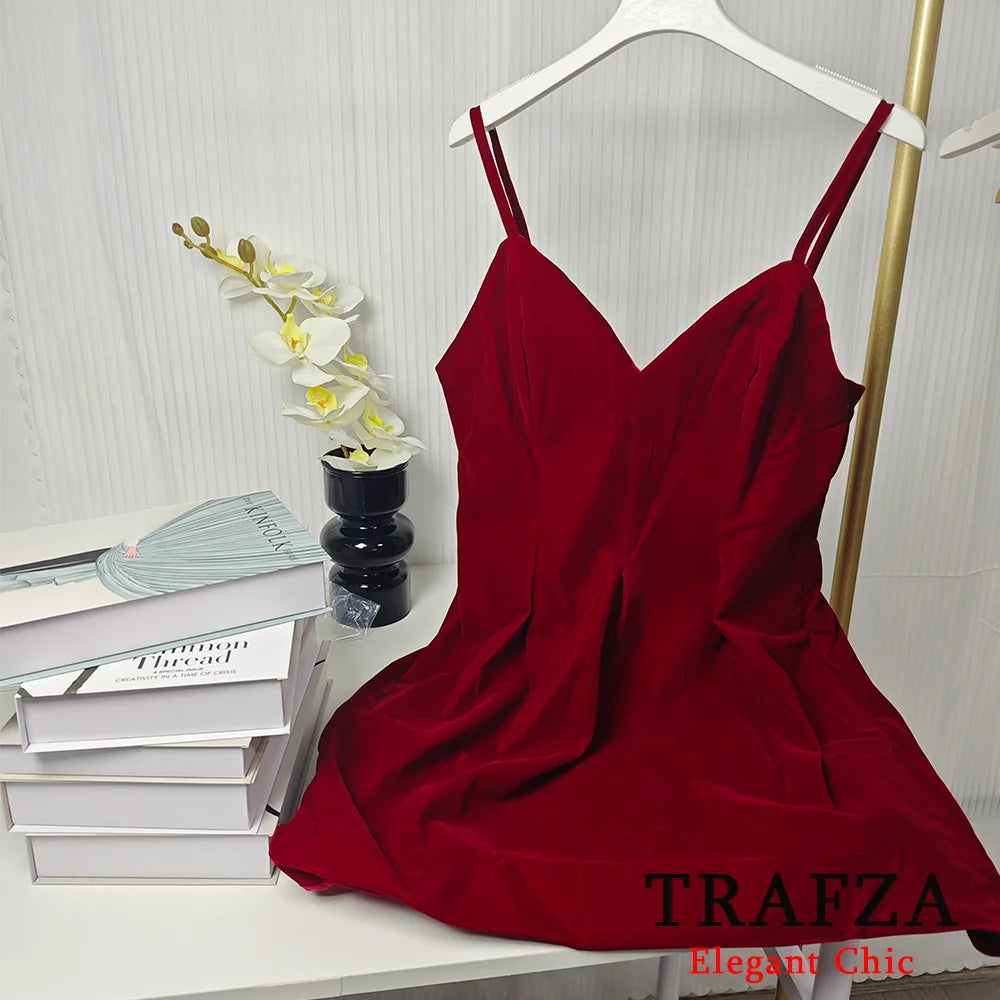 TRAFZA-Women Sexy Velvet Mini Dress Thin Strap Backless Burgundy Dress New 2025 Fashion Date Romantic Party Dress