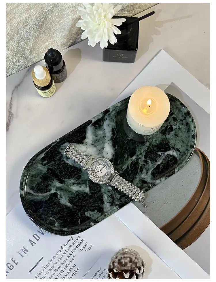 Luxury Green Marble Oval Tray: Bathroom Organizer & Fruit Serving Platter, Waterproof Stone Decor for Hotel Spa Home Kitchen