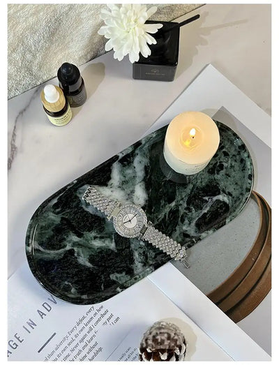 Luxury Green Marble Oval Tray: Bathroom Organizer & Fruit Serving Platter, Waterproof Stone Decor for Hotel Spa Home Kitchen