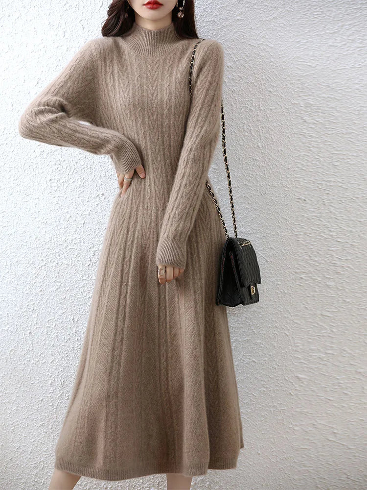 Elegant Fashion Dresses Cashmere Sweater Knitted Long Dress 100% Merino Wool Women Turtleneck Office Skirt Autumn Winter Clothes