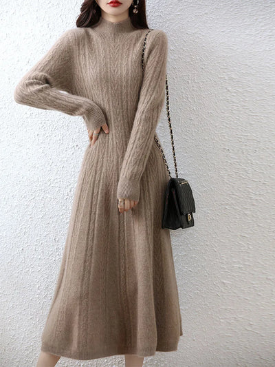 Elegant Fashion Dresses Cashmere Sweater Knitted Long Dress 100% Merino Wool Women Turtleneck Office Skirt Autumn Winter Clothes