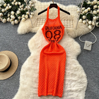 YuooMuoo Women Dress 2025 Summer Ins Hot Letter Print Halter Knitted Beach Dress Chic Fashion Sexy Wrap Hip Streetwear Vestidos