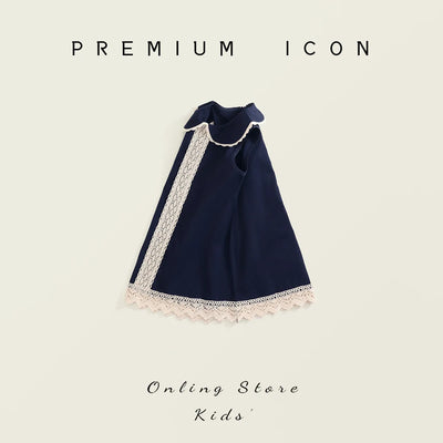 2025 Summer Toddler Girl Dress Cotton Turn Down Collar Kid Baby Girl Sling Dress Retro Loose Lace Patchwork Little Girl Sundress
