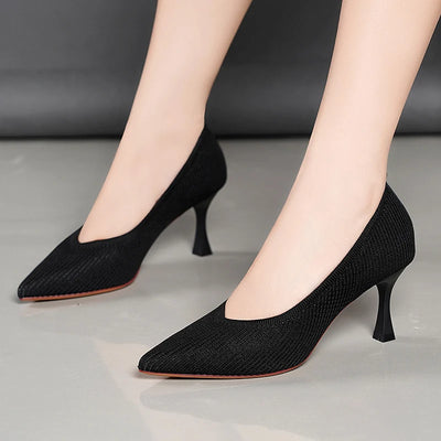 2022 Pointed Toe Single Shoes High Heels Simple Solid Color Knitting Woman Shoes Spring Autumn Latex Insole