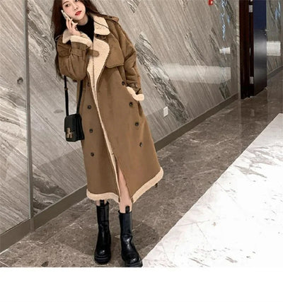 2024 Autumn Winter New Medium Long Double-breasted Lambswool Suede Woolen Coat Women Add Velvet Padded Warm Fur One Woolen Coats