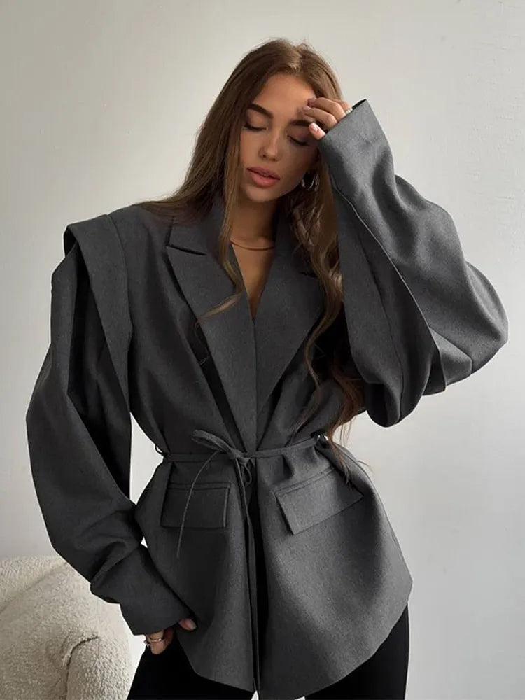 Retro Brown Belted Blazer Coats Women's Fashion Lapel One Button Oversized Jackets 2025 Autumn Office Commute Street Outerwears