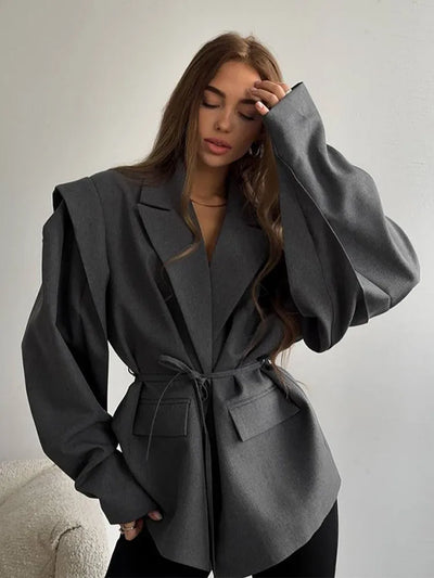 Retro Brown Belted Blazer Coats Women's Fashion Lapel One Button Oversized Jackets 2025 Autumn Office Commute Street Outerwears