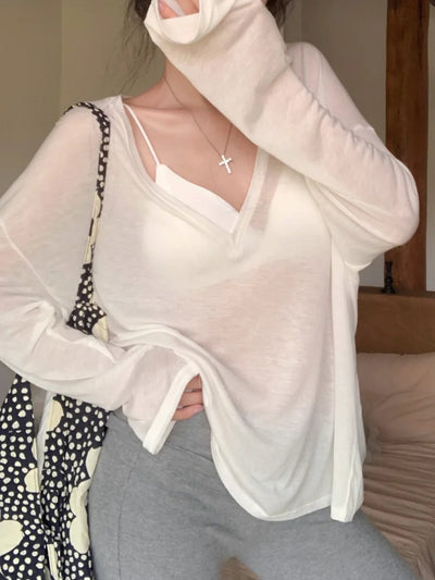 Women Oversized T Shirt Spring Summer V-neck Casual Fashion Loose Thin Long Sleeve Top Pullovers Chic White See Through T-shirt
