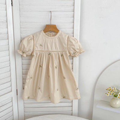 1-6Yrs Summer Girls Dress Embroider Lace Collar Kids Girls Dress Pure Cotton Thin Short Sleeved Children Girls Princess Dress ﻿