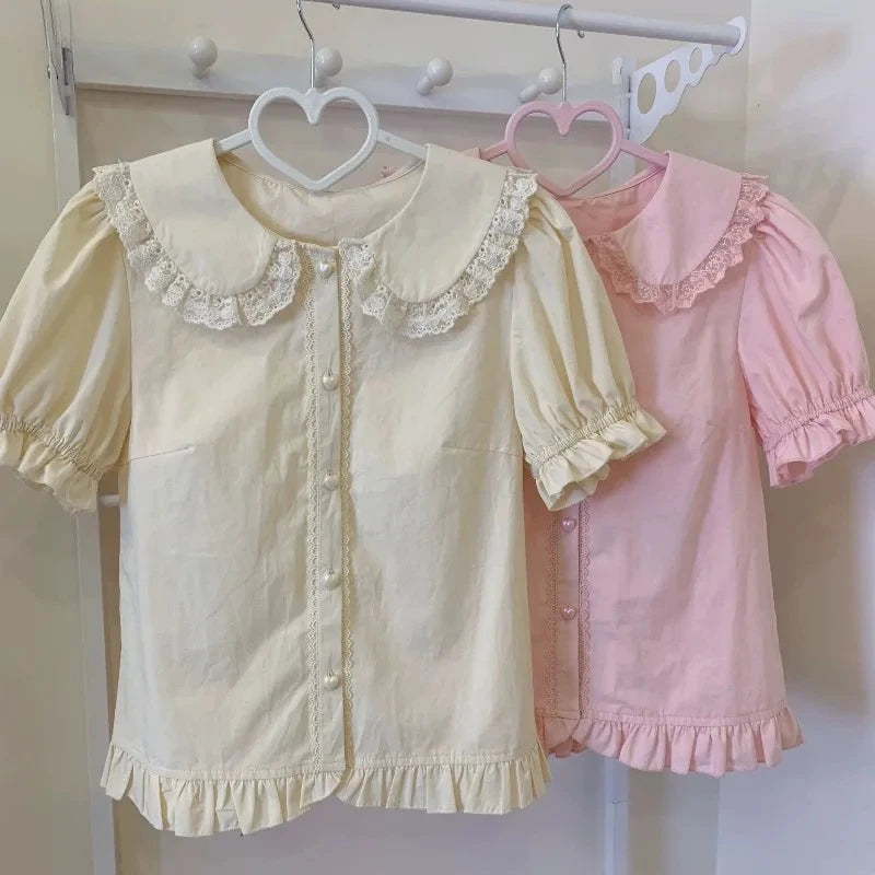 Puff Short Sleeve Lace Ruffles Blouse