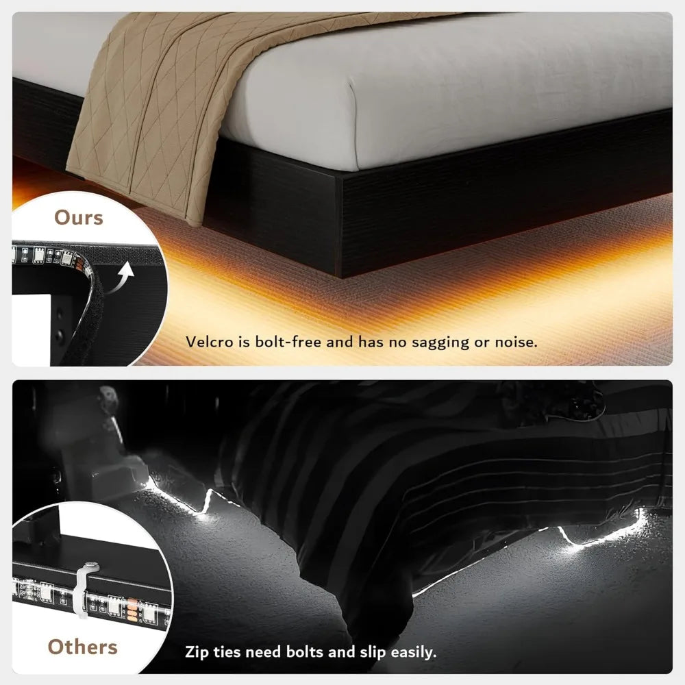Queen Floating Bed Frame with LED Lights & Charging Station, Platform Bed with Wooden Storage Headboard, Steel Slats Sup