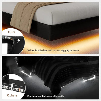 Queen Floating Bed Frame with LED Lights & Charging Station, Platform Bed with Wooden Storage Headboard, Steel Slats Sup