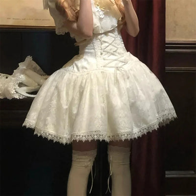 2025 Lolita Subculture Black White Short SK Lace Skirt High Waist Lace Up Girls Birthday Gothic Victorian Cosplay Party Skirts