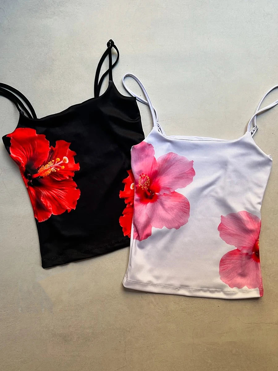 Y2K Aesthetic Women Floral Print Tanks Fairy Grunge Sleeveless Spaghetti Strap Slim Fits Camisole Mini Chic Vest Streetwear ﻿