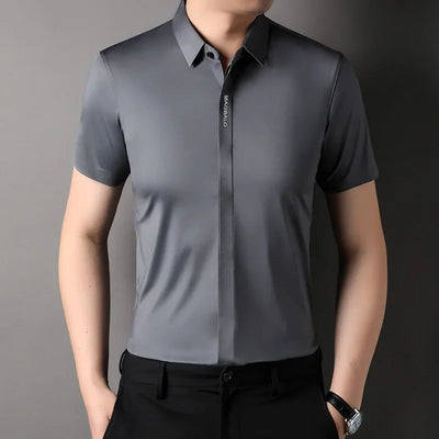 Summer New High-grade Hidden Button Men's Light Luxury Short Sleeve Shirts Men High Elastic Business Anti-wrinkle Ice Silk Shirt