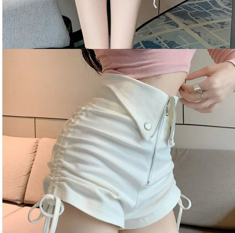 Women's High Waist White Shorts  Summer Spice Girls Drawstring A-line Short Hot Pants  Trendy Lace Up Zip Up Button Down Shorts