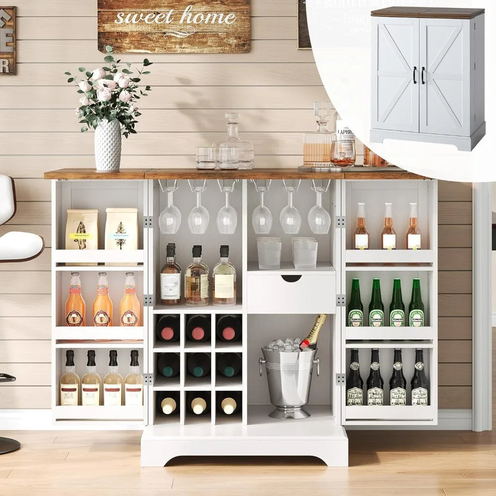 Farmhouse Expandable Wine Bar Cabinet, 61" Home Bar Unit with Foldable Tabletop & Barn Door, Coffee Bar Cabinet with Wine & Glas