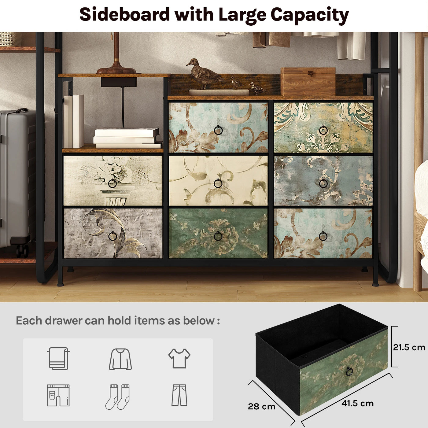 Chest of Drawers with 8 Fabric Drawer Sideboard Storage Cabinet for Kitchen Office with Charging Sockets Steel Frame 132x88x30cm