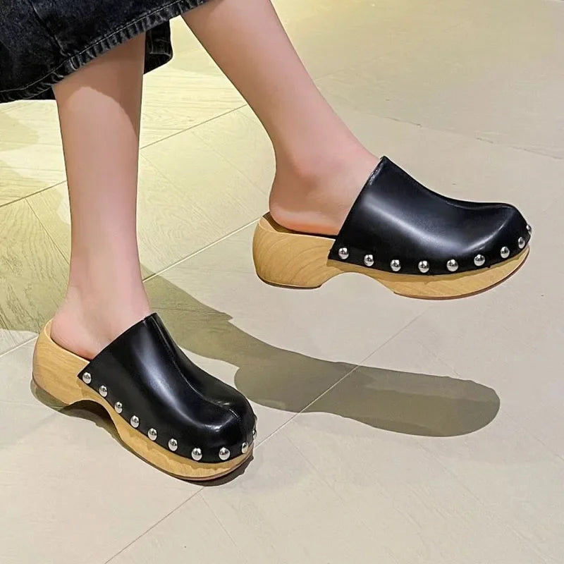 Women Imitation Cork Sole Mules Fashion Rivets Heels Platform Block Heel Soft Leather Slippers Round Toe Slip-on Casual Shoes