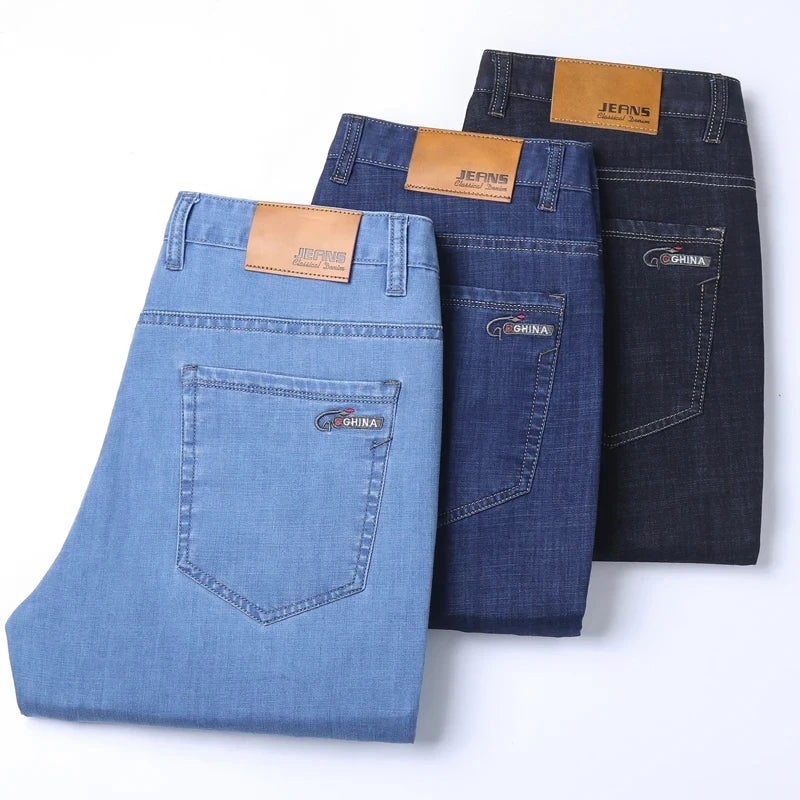 Spring/summer Thin Denim Straight Cotton Stretch Jeans Men Business Casual Cloth High Waist Ice Silk Lightweight Trousers