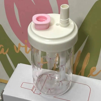 Portable 500ml Straw Cup Plastic Bowknot Cup With Lid Straw Large Capacity Water Bottle Juice Milk