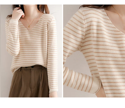 New Striped V-neck Sweater Women's All-Match Loose Sweater Fall Winter Fashion Bottoming Shirt Inner Wear Blouse