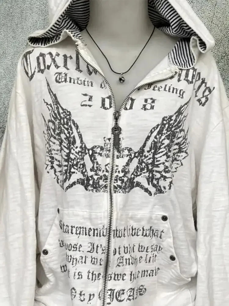 Print Tunic Hooded Y2k Coat Streetwear Fashion Casual Hoodies Tops Ropa Mujer Vintage Sweatshirts 2024 Women's Clothes White