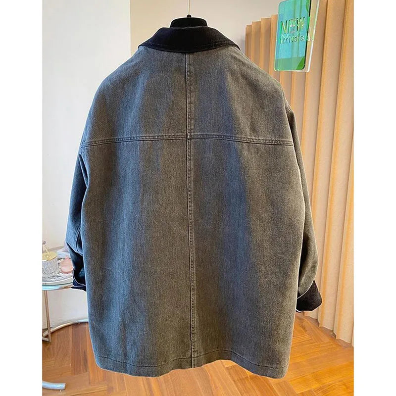 Contrasting Corduroy Spliced Denim Jacket for Women Mid Length Loose Coat Autumn Winter Pocket Outwear Versatile
