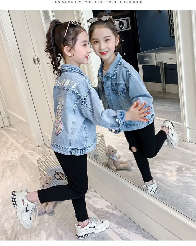 3 4 6 8 10 12 Years Teen Girls Denim Jacket Spring New Fashion Bear Sequin Cowboy Coats For Girls Children Outwear Birthday Gift