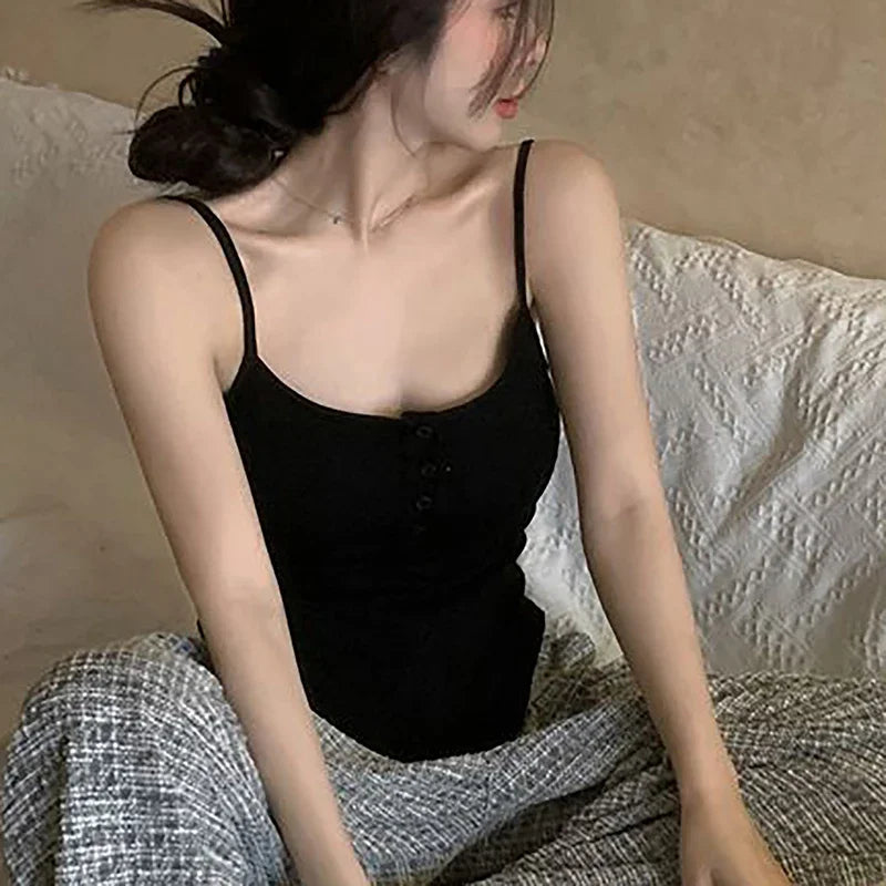 1PC Summer Solid Color Button Irregular Camisole Y2K Women Sleeveless Slim Tank Top Spring Casual Streetwear Female Sexy Vest