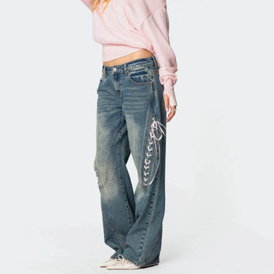 Women's Spring Summer Baggy Pants Mid Waist Loose Side Bandage Wide Leg Denim Pants