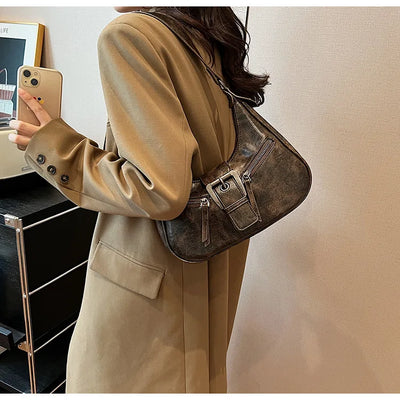 Retro Belt Design PU Leather Shoulder Bags for Women 2024 Y2K Small Vintage Female Underarm Crossbody Bag Fashion Handbags