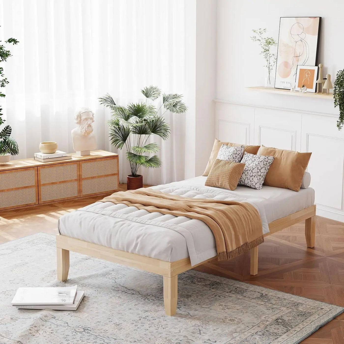 14 Inch Wood Platform Bed Frame,Minimalist Mattress Foundation with Solid Rubber Wood,Heavy Duty Slat Support, Without Headboard