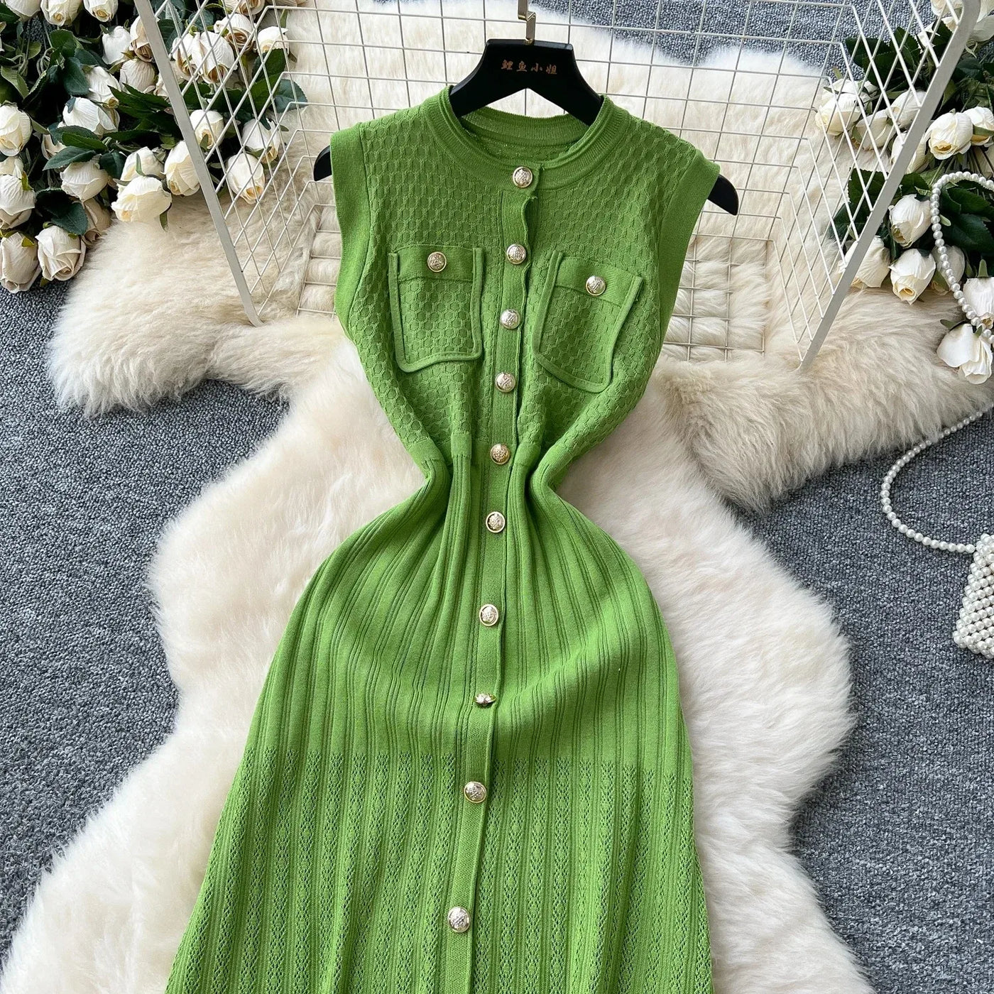 Women's Round Neck Sleeveless Dress Single-breasted Chic Elasticated Waist Slim Long Skirt   New High Quality Knitted Dress