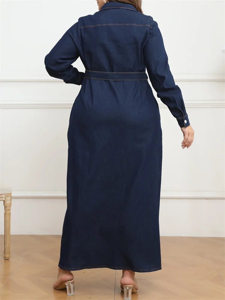 Wmstar Plus Size Denim Dresses for Women Button Solid Long Fashion Elegant Maxi Dress Fall Winter Clothes Wholesale Dropshipping