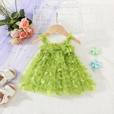 (0-3 Years) Summer New Baby Girls Dress Solid Color Halter Butterfly Embellished A-Line Skirt Mesh Sweet Princess Dress