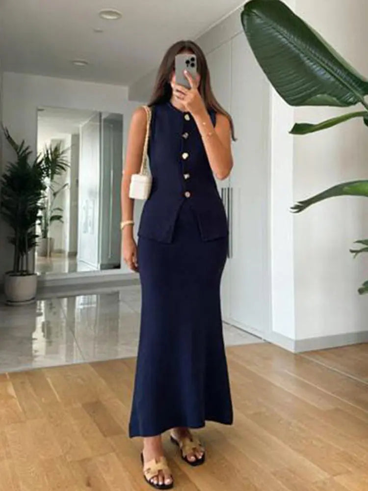 Single Breasted Knit Vest Mermaid Dress Woman Set O-Neck Split Sleeveless Top Solid Color Slim Long Dresses Casual Women Sets