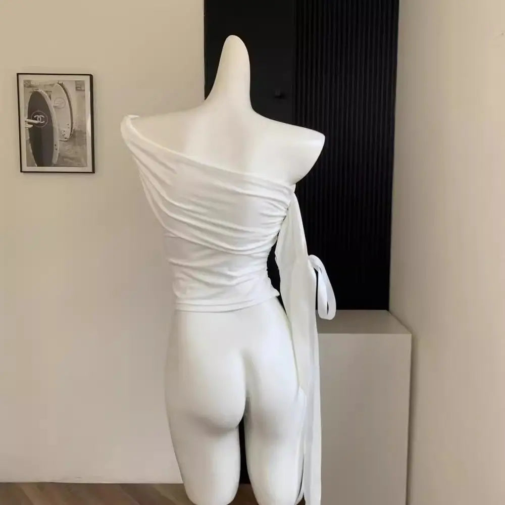 2025 New Sexy Off Shoulder Tops Women Ruffle Sleeve Asymmetric Slim Fit Short Sleeve T-Shirt Y2K Summer Fashion Elegant Clothes
