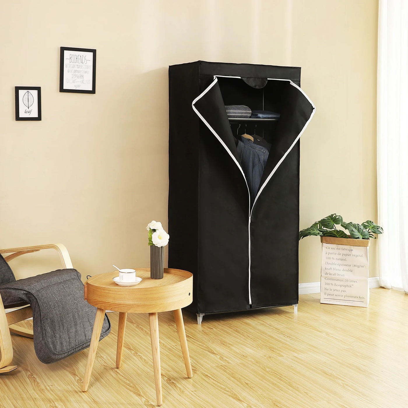 Fabric Wardrobe, Foldable Closet with Hanging Rail, Single Clothes Rack, Storage Organiser