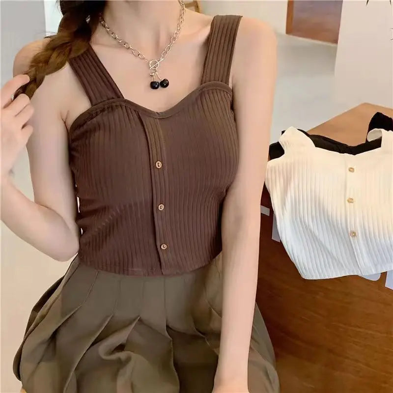 Women's Ribbed Tank Tops Y2K Cropped Tops with Bra Pads Knitted Button Down Suspenders Vest Sexy Camisole Female Short Tops